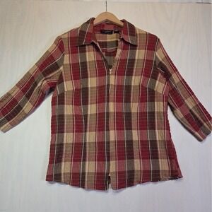 Giselle Apparel Womens 1X Plus Size Burgundy Plaid Boho Zip Front Blouse 3/4 Sle